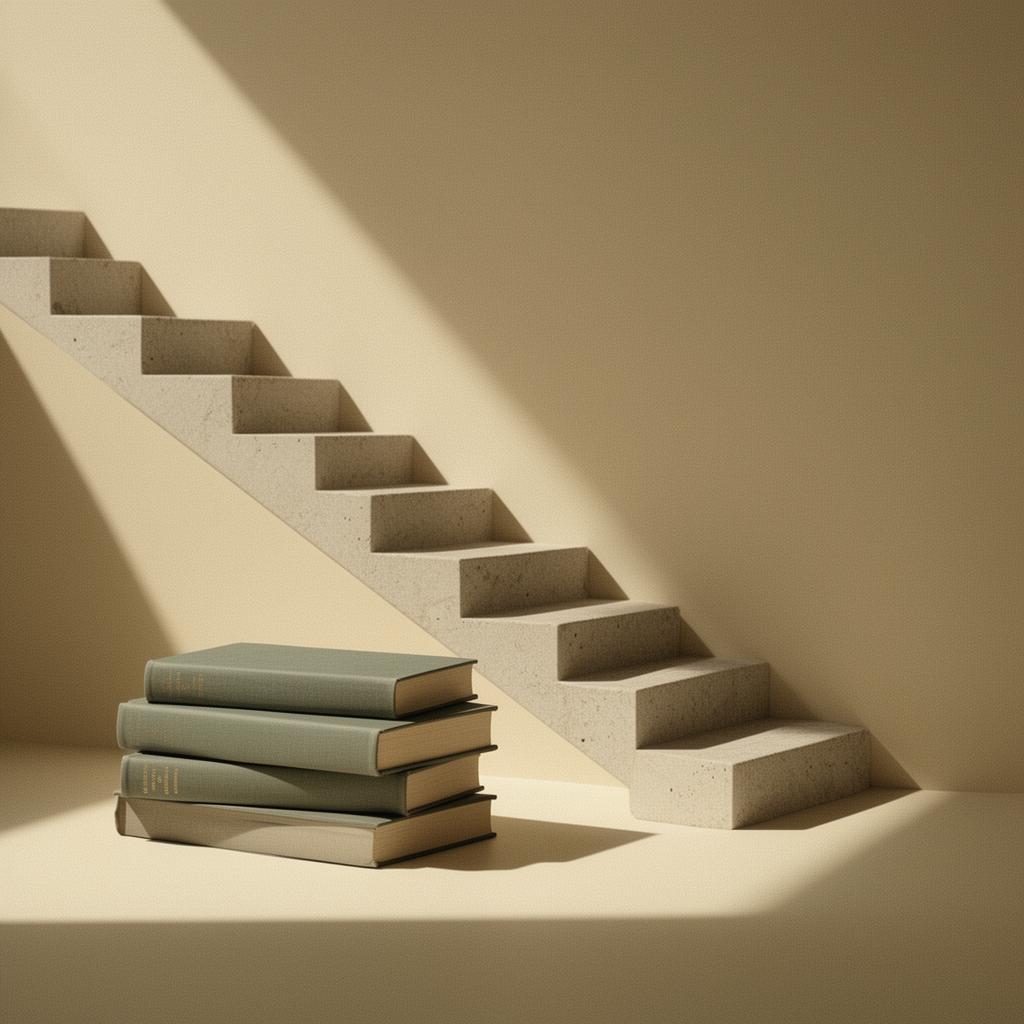 An ascending staircase beside a stack of books — the Project 80 ethos of compounding growth