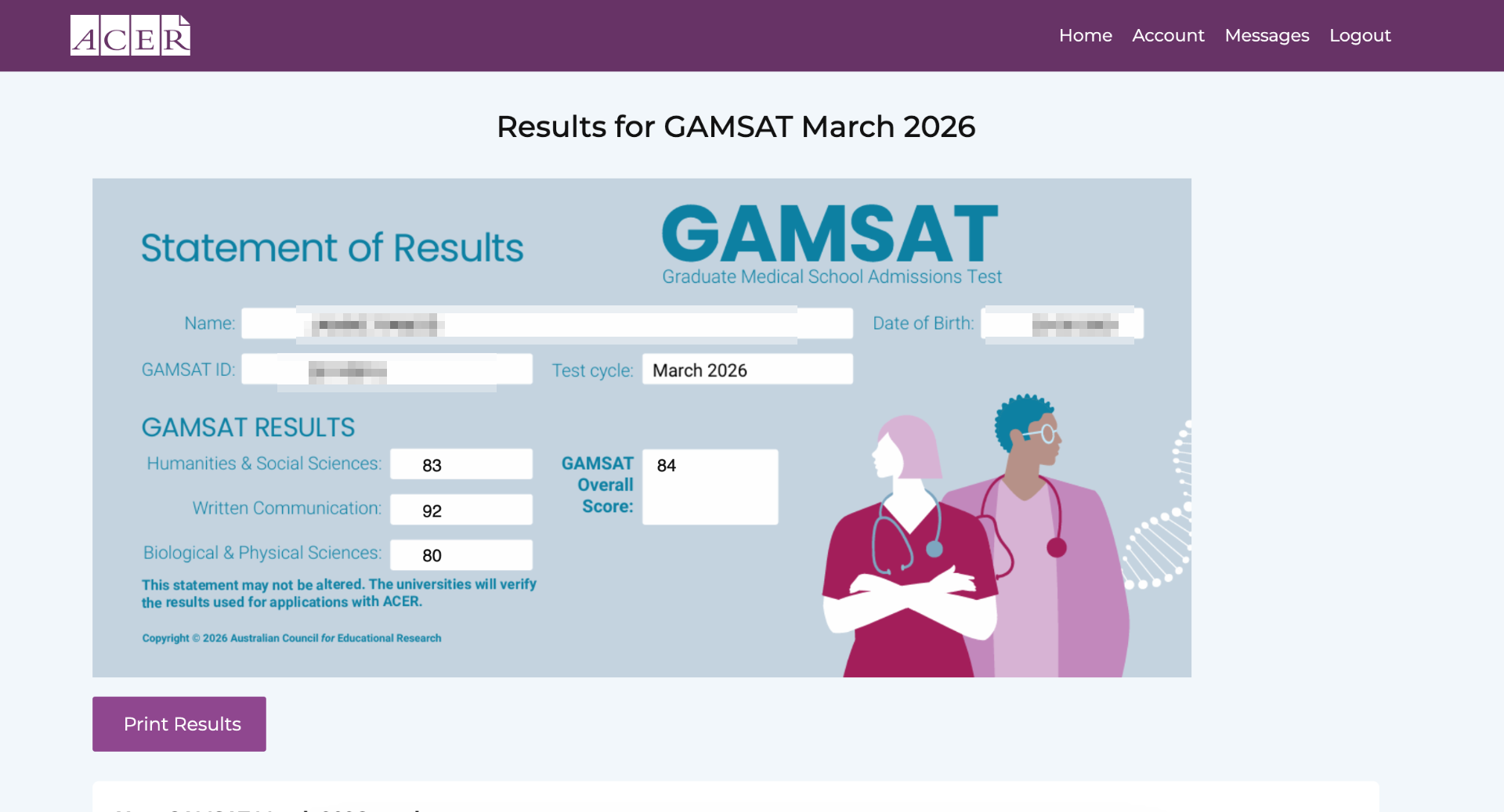 Official ACER GAMSAT Statement of Results — March 2026, overall score 84